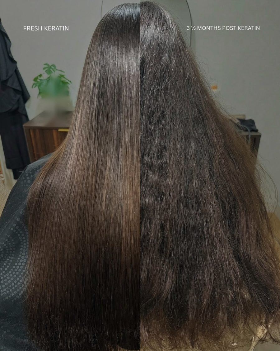 Long brunette hair split down the middle: sleek and glossy on the left after fresh keratin, frizzy on the right at three and a half months post keratin.
